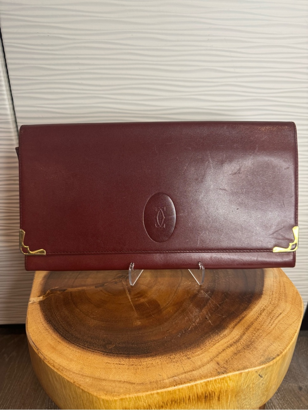 Cartier Burgundy Leather Envelope Clutch with Gold Corner Trim